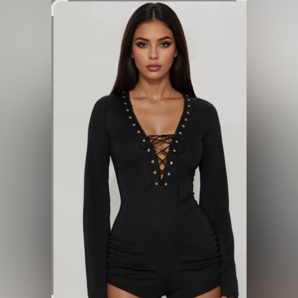Source Unknown Tops - Black Lace-Up Micro short Romper